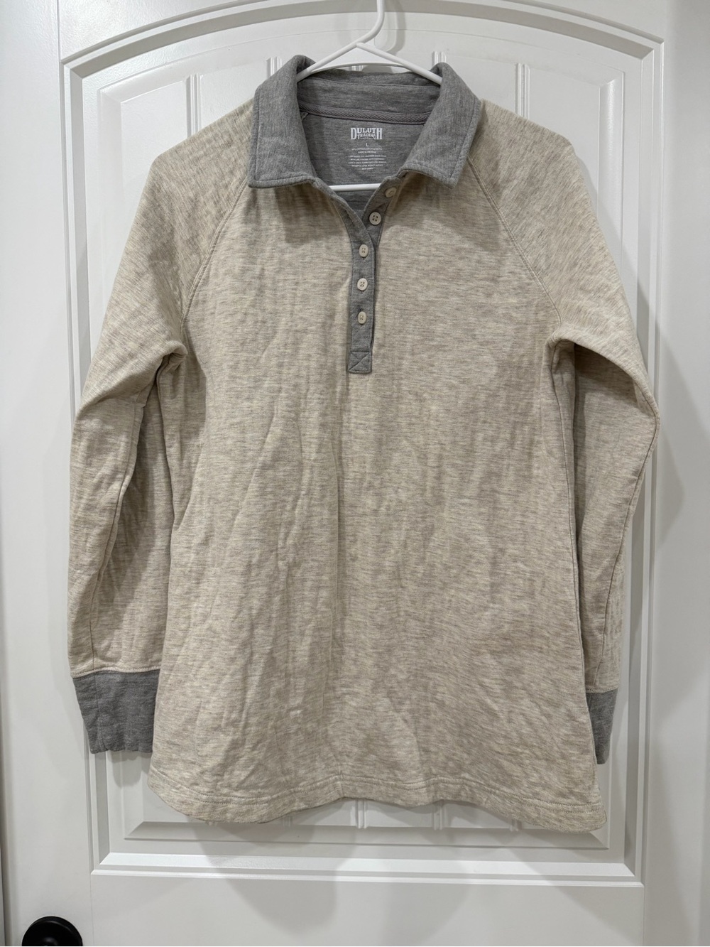 Duluth Trading Co Beige Heather Polo with Gray Trim